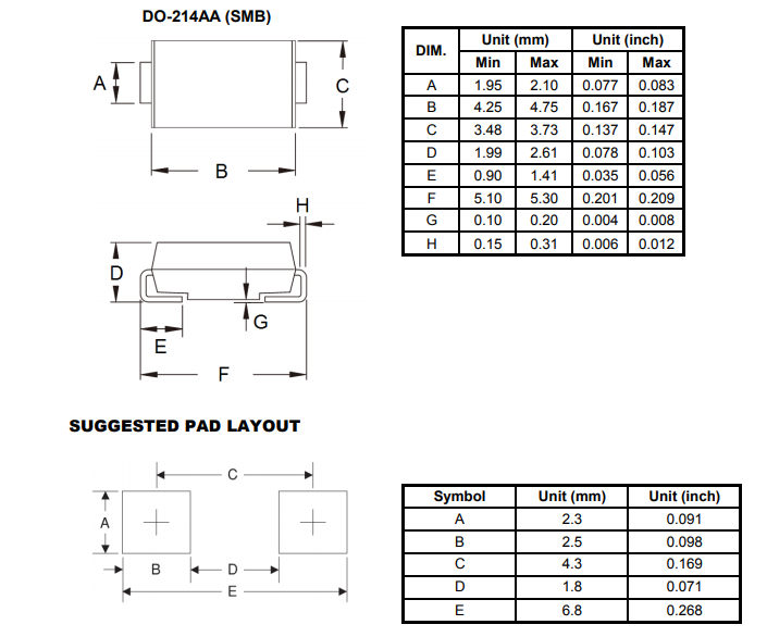 Mechanical Drawing - Taiwan Semiconductor SMB10J33CA Series Transient Voltage Suppressors